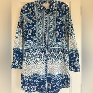 Anthropologie Blue and White Patterned Mini Dress